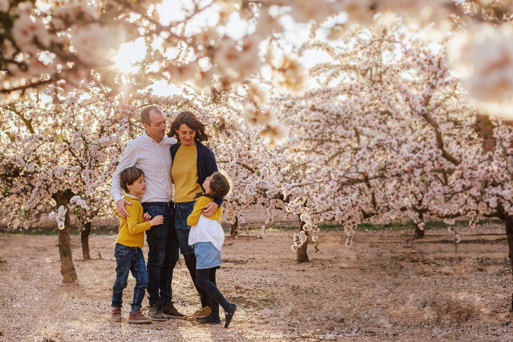 Familia abrazándose al atardecer entre flores de almendros en un reportjae de fotos en Zaragoza